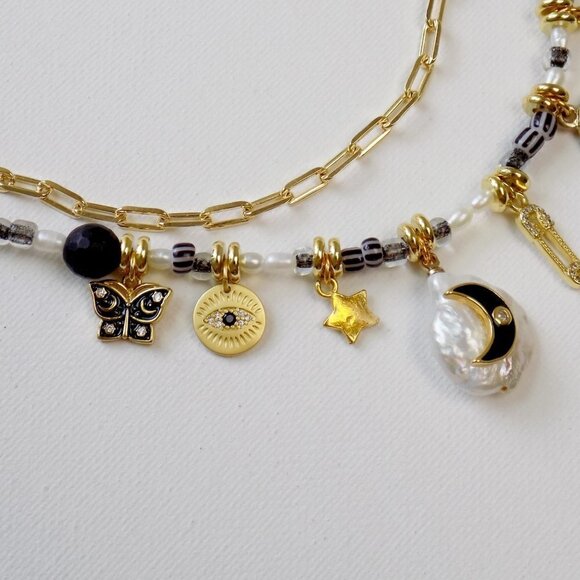 new! charm necklace beaded choker layered  freshwater pearl paperclip link chain - Picture 5 of 8